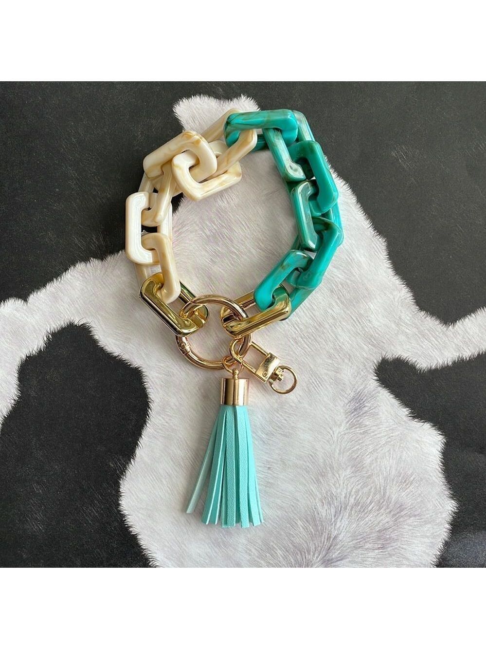 TURQUOISE AND Tan Chain Link Bracelet Keychain